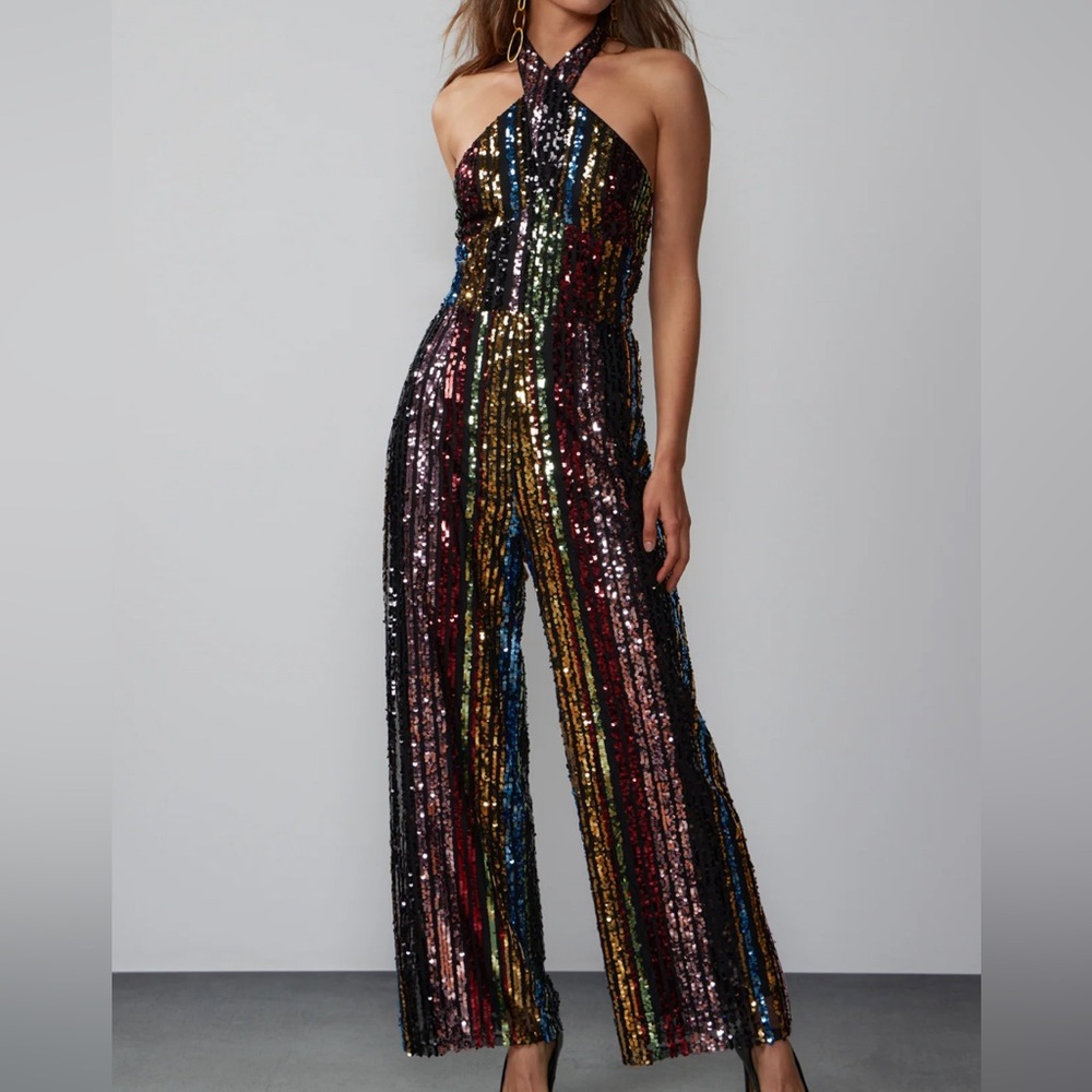 Sleeveless Multi-Stripe Sequin Jumpsuit L